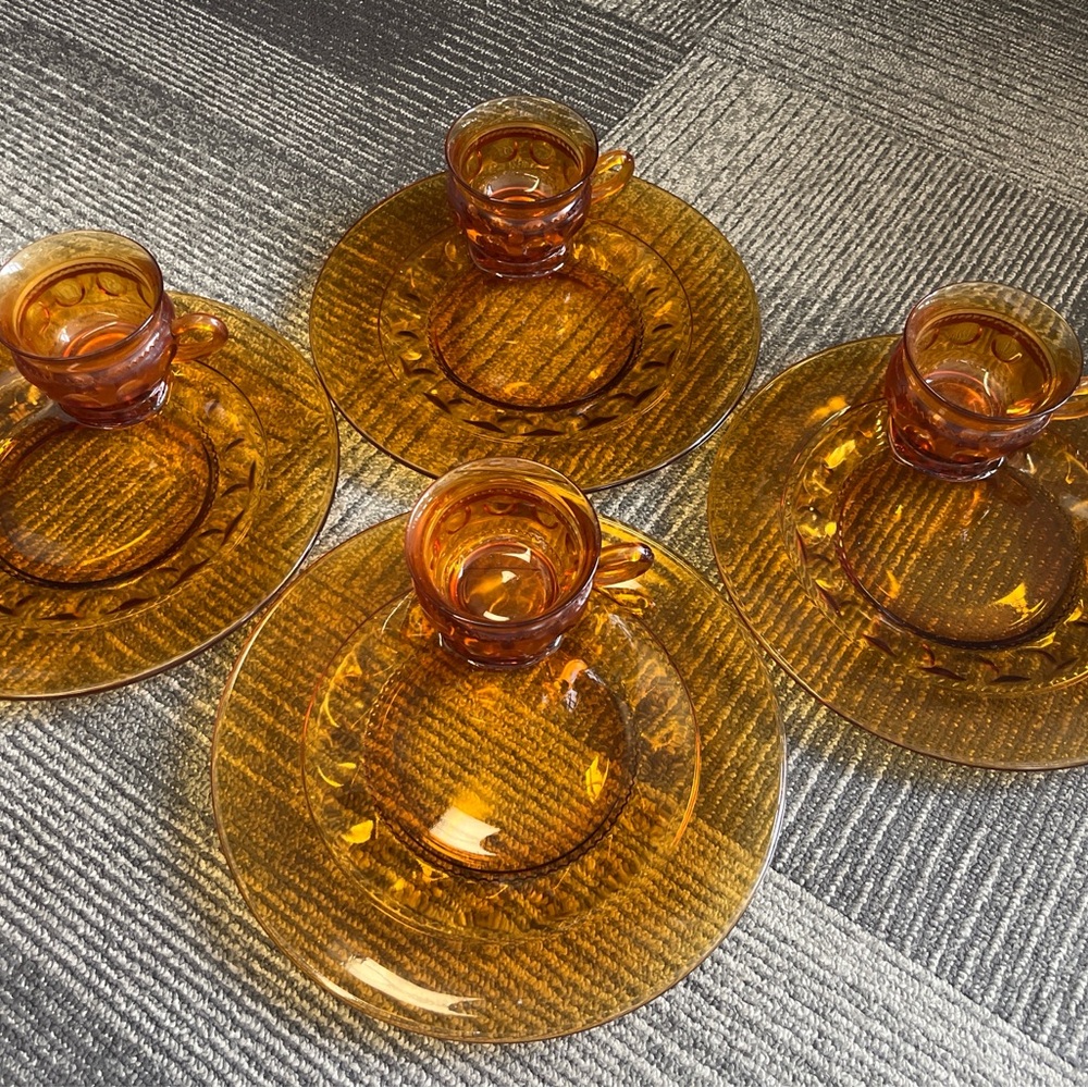 Vintage Indiana Glass Amber Thumbprint Snack Set – Set of 4 Cups & Plates